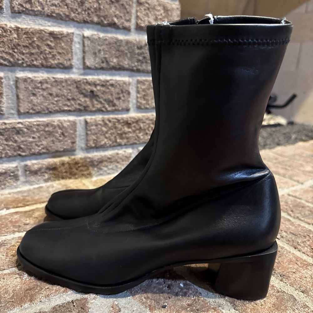 Reformation Louis Stretch Sock Bootie Leather Boots Block Heel Black Size 6.5 - Picture 5 of 16